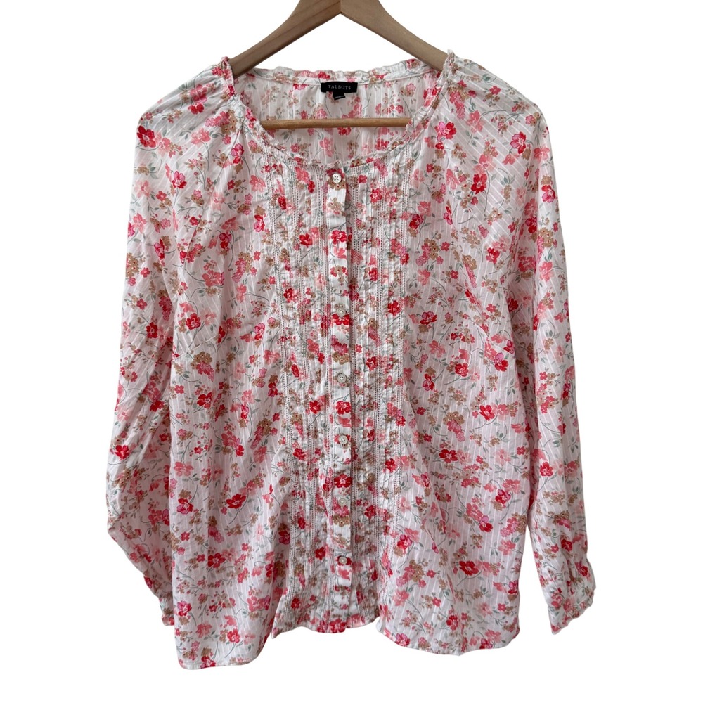 Talbots Floral Blouse XL Pink White Cotton Dobby Stripe Pintuck Button Front